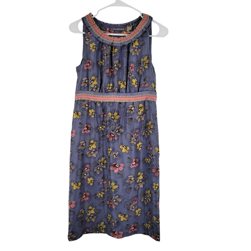 Boden Limited Edition Silk Dress Women 4 Blue Purple Floral Velvet Trim‎ Sheath